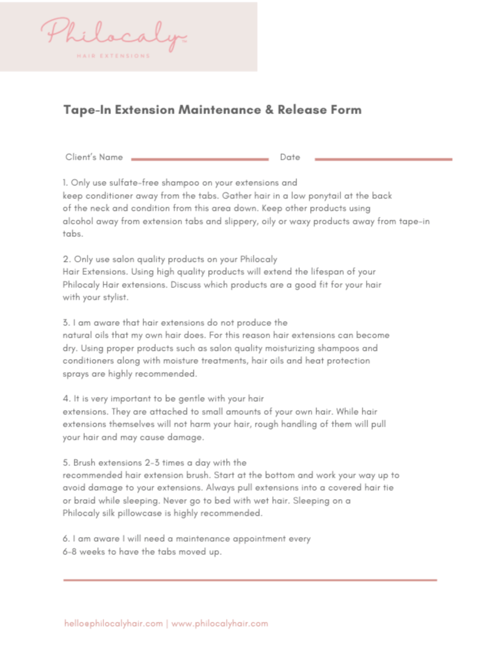 Philocaly Hair Extensions  Client Release & Maintenance Forms (FREE DIGITAL DOWNLOAD)